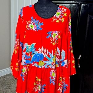 Johnny Was Red Floral Blouse Size: L